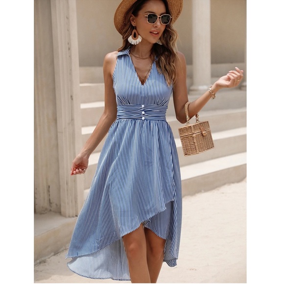 5 for $25! 💕 Vertical Stripe Button Front High Low Dress - Picture 3 of 16